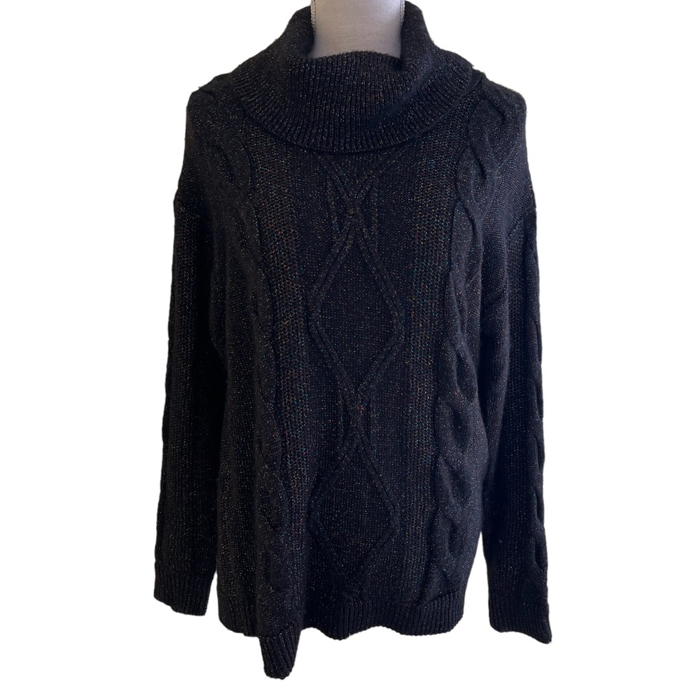 Charter Club Black Cowl Neck Sweater with Cable Detail and  Metallic Threads